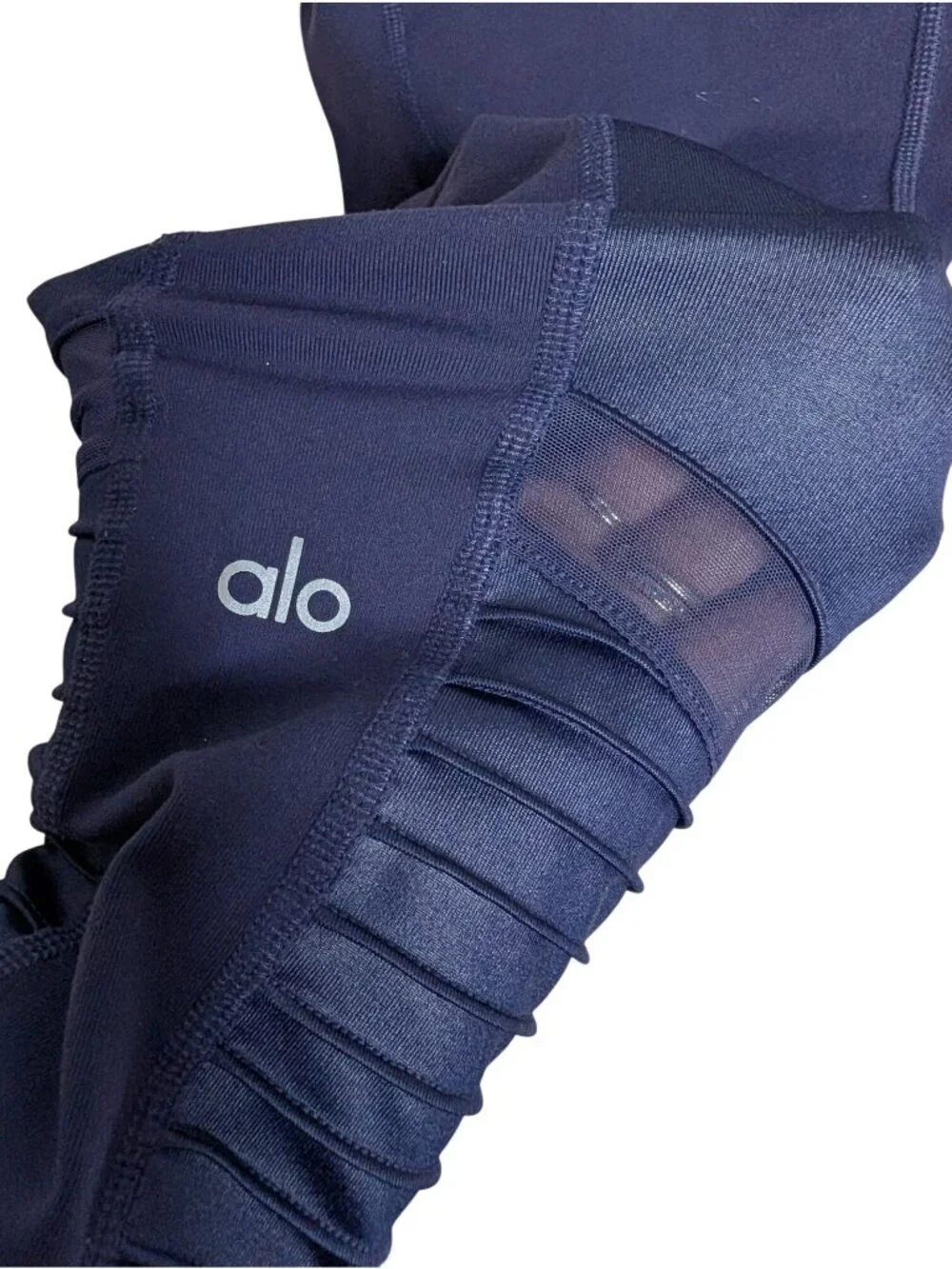 Alo Yoga Moto Leggings Womens Size M Navy Blue Athletic Athleisure Stretch Mesh